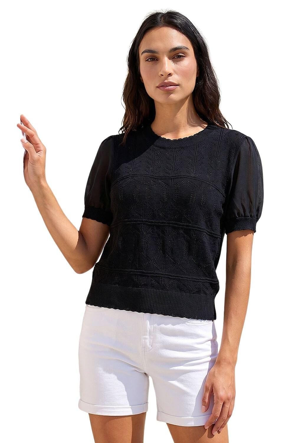 Roman Originals Women's Black Pointelle Knit Tee For Uk - Everyday Holiday Spring Summer Round Neckline Comfy Soft Evening Vacation Work Party