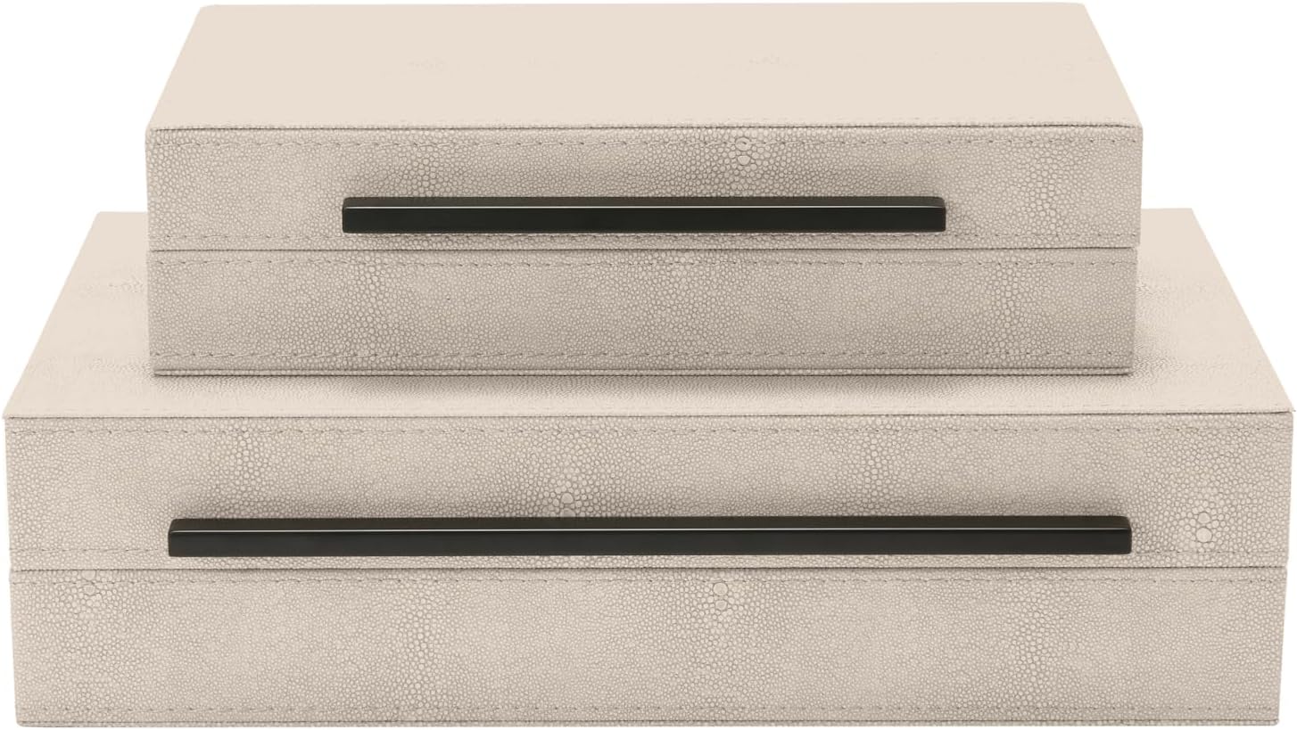 Sagala Set of 2 Ivory Shagreen Decorative Boxes With Black Metal Handles, Faux Leather Jewelry Boxes Modern Storage Boxes Photo Boxes Memory Boxes Home Organizer Box(Ivory)