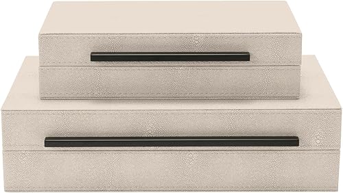 Generic Sagala - Juego de 2 cajas decorativas de color marfil Shagreen con asas de metal negras, cajas de joyería de piel sintética, cajas de
