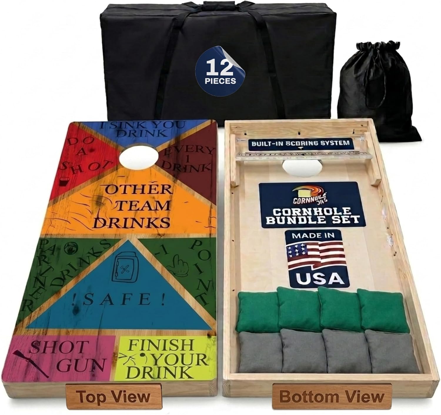 Cornhole365 Complete Cornhole Board Set - Includes Solid Wood Cornhole Board, 8 All-Weather Cornhole Bags, Portable Carrying Case & String Tote Bag Outdoor Game Bundle