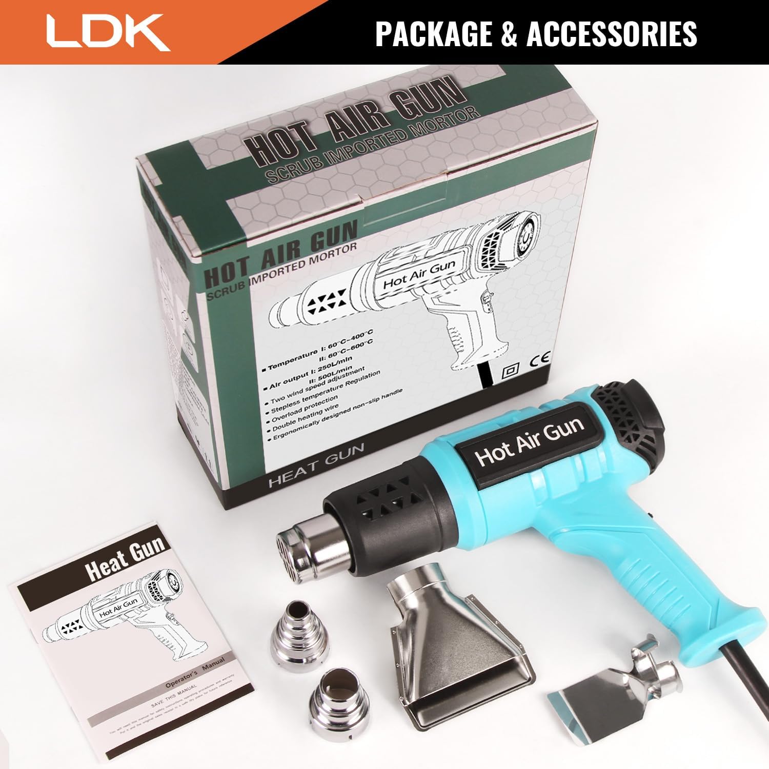 LDK Heat Gun, 140°F~1100°F Variable Temperature Control Heating Gun, 1.5s Fast Heating Heavy Duty Hot Air Gun Kit with 4 Nozzles for Crafting Shrink Tubing Vinyl Wrap