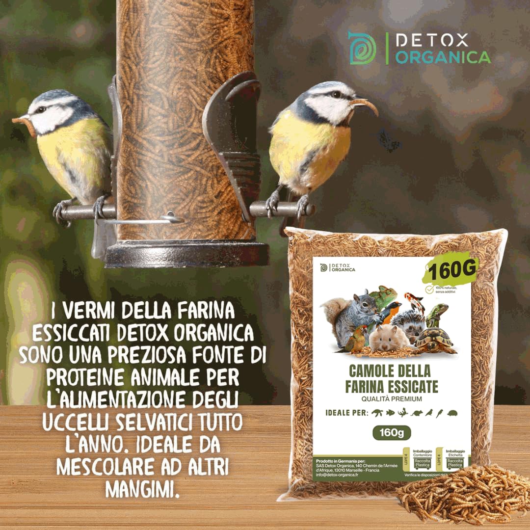 Detox Organica Camole della Farina Essiccate 160gr 1000ml Mangime per Uccelli Selvatici, Pesci, Tartarughe, Roditori, Rettili