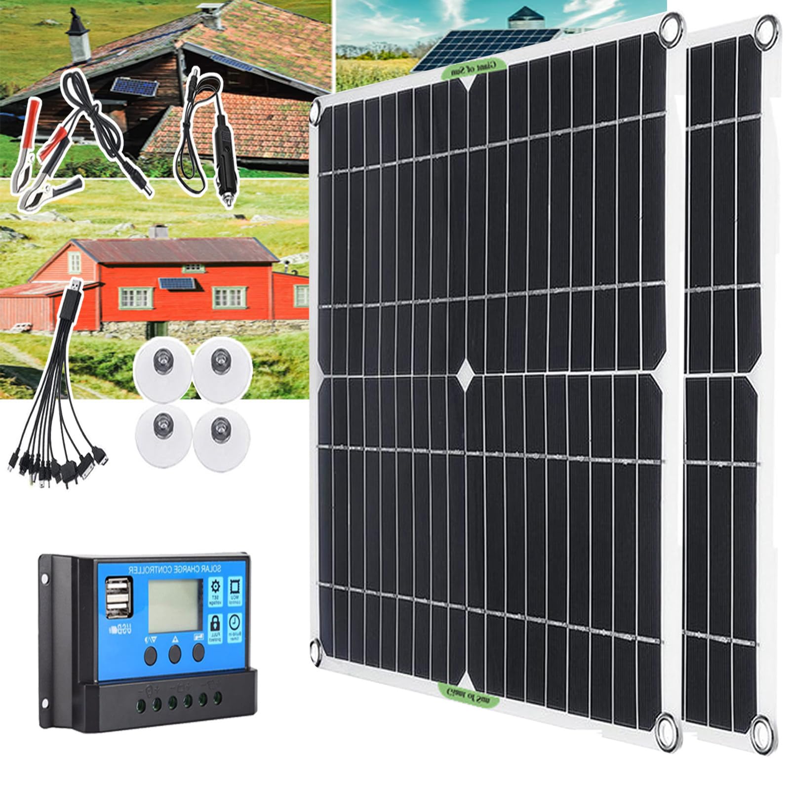Kit De Panneau Solaire 200 W 400 W 600 W 800 W avec Contrôleur 30 A/60 A, Chargeur De Batterie 12 V, Adapté pour Camping-Car, Hangar à Bateaux, Ferme, Toit,2x200W-60Acontroller