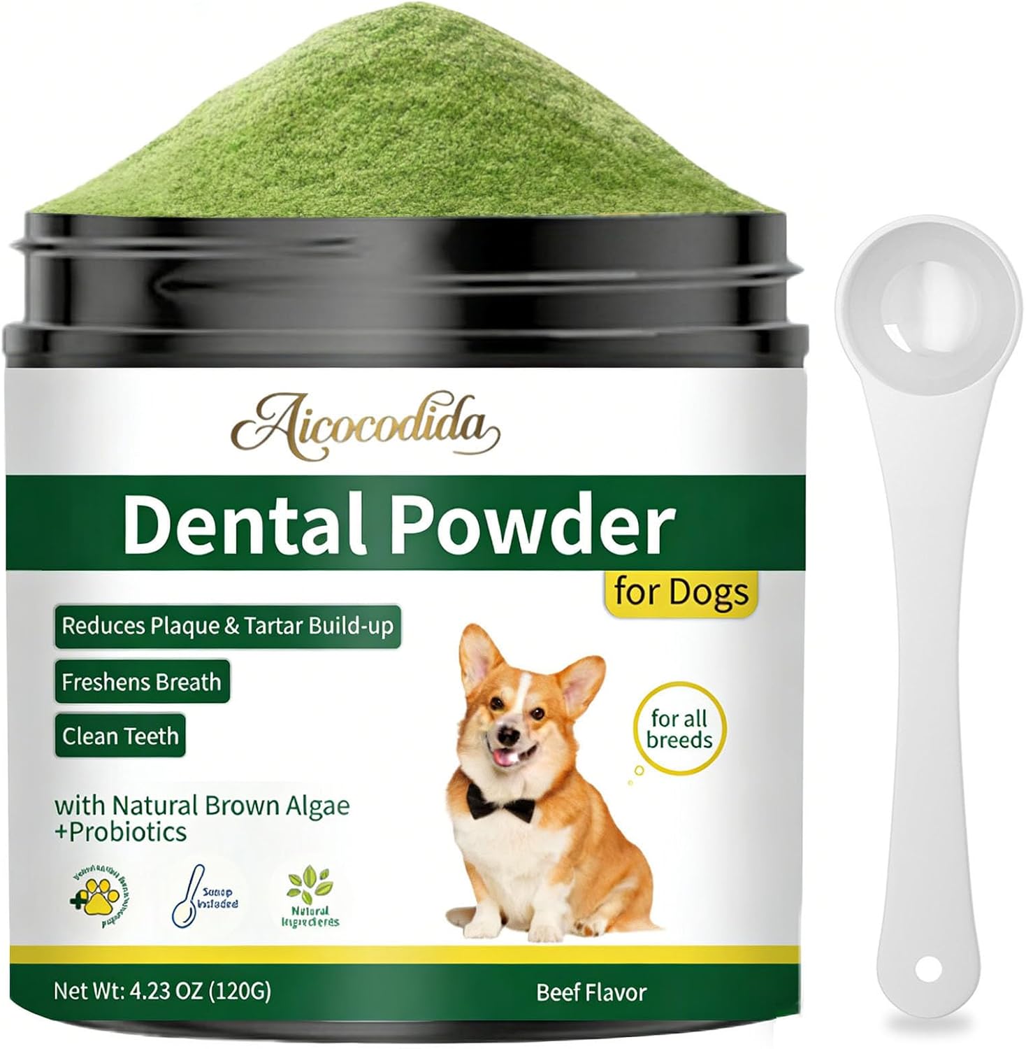 Dog Dental Powder, Probiotics Dog Breath Freshener for Dogs Teeth, Natural Plaque & Tartar Control, Beef Flavor (120G)
