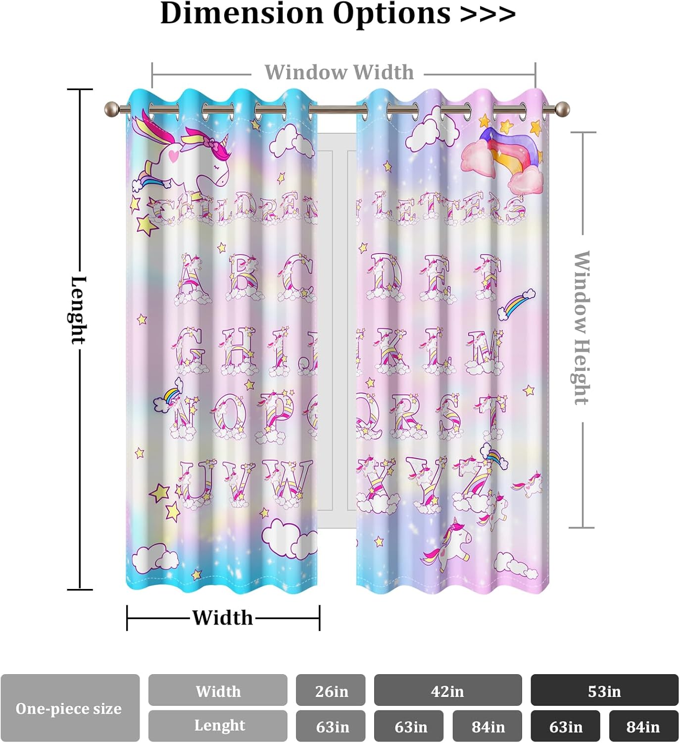 AWERT Cartoon Children Letters Window Curtains 84 Inches Long 2 Panels Unicorn Dream Sky Rainbow Stars Clouds Blackout Drapes Thermal Insulating for Kids Bedroom Living Room Each Size 42x84 Inches