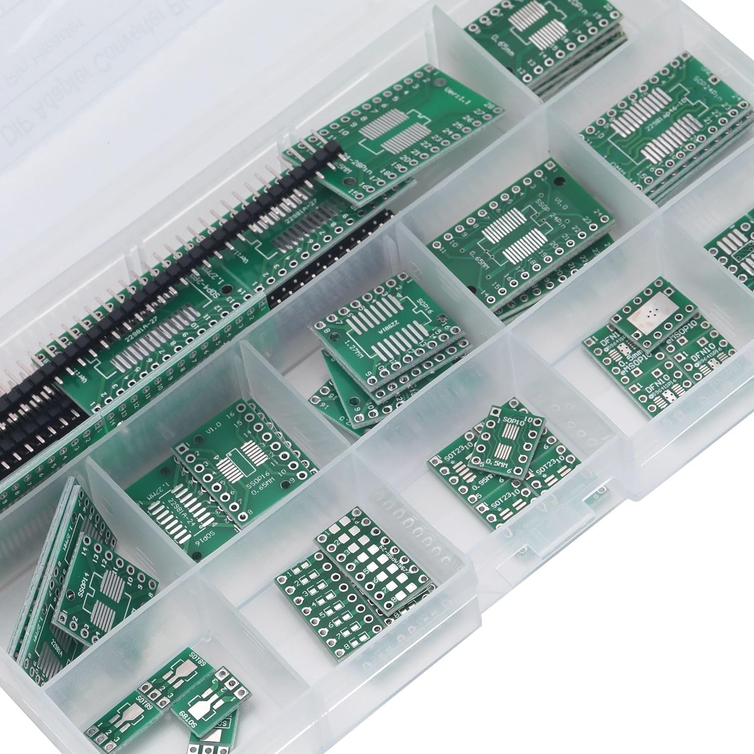 Harrisen 70 pezzi 12 tipi SMD a DIP Adapter PCB Board Kit SOP8 SOP10 DFN10 SOP14 SOP16 SOP20 SOP24 SOP28 SOP89/SOT223 SMT 0402/0603/0805 SOP24 con 10 54 mm. Adattatore