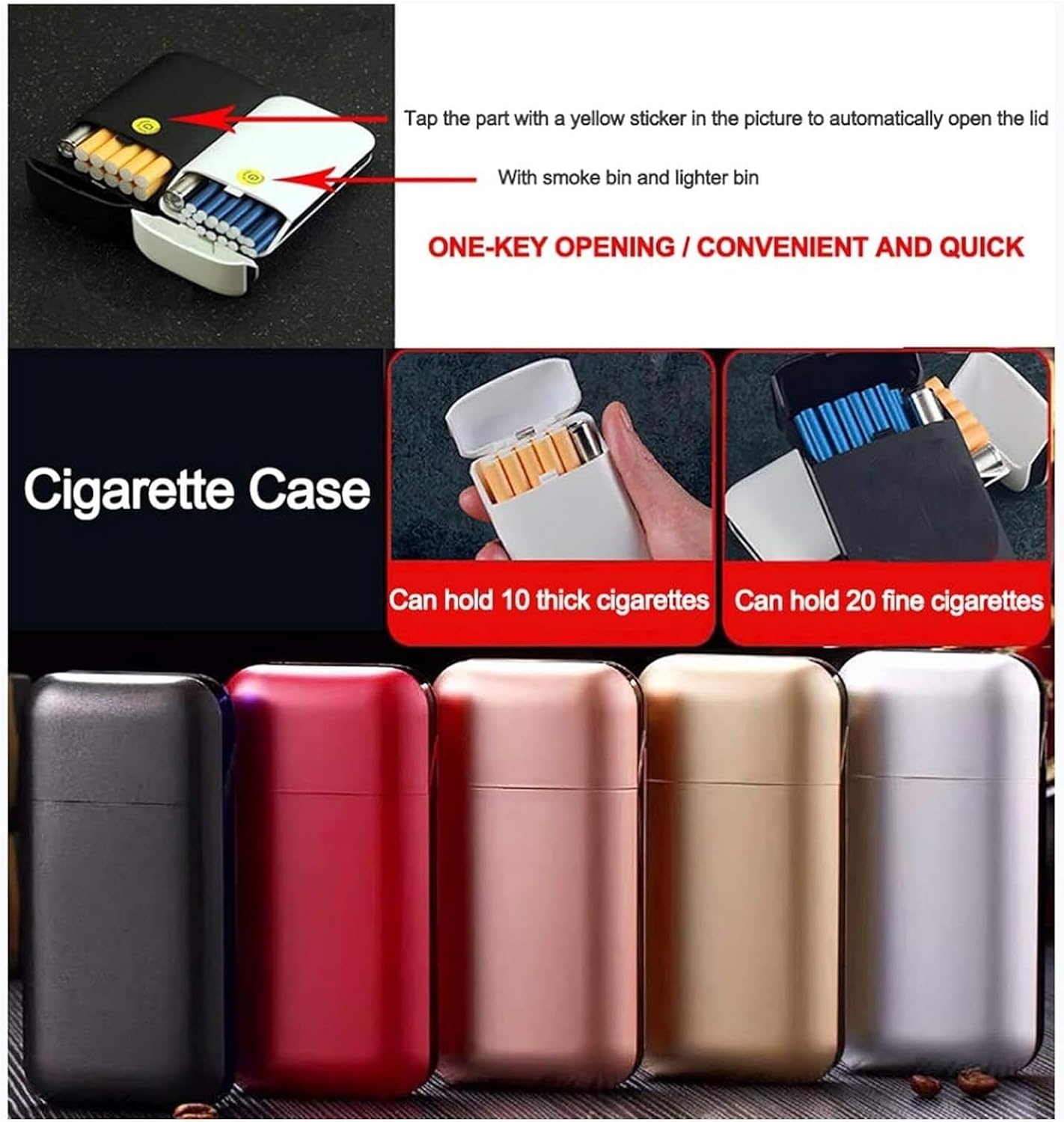 Cigarette case Portable Cigarette Case, Electronic Rechargeable Flameless Windproof Lighters Hold 20Pcs Thin Cigarettes, One-Handed Operation Box(Black)