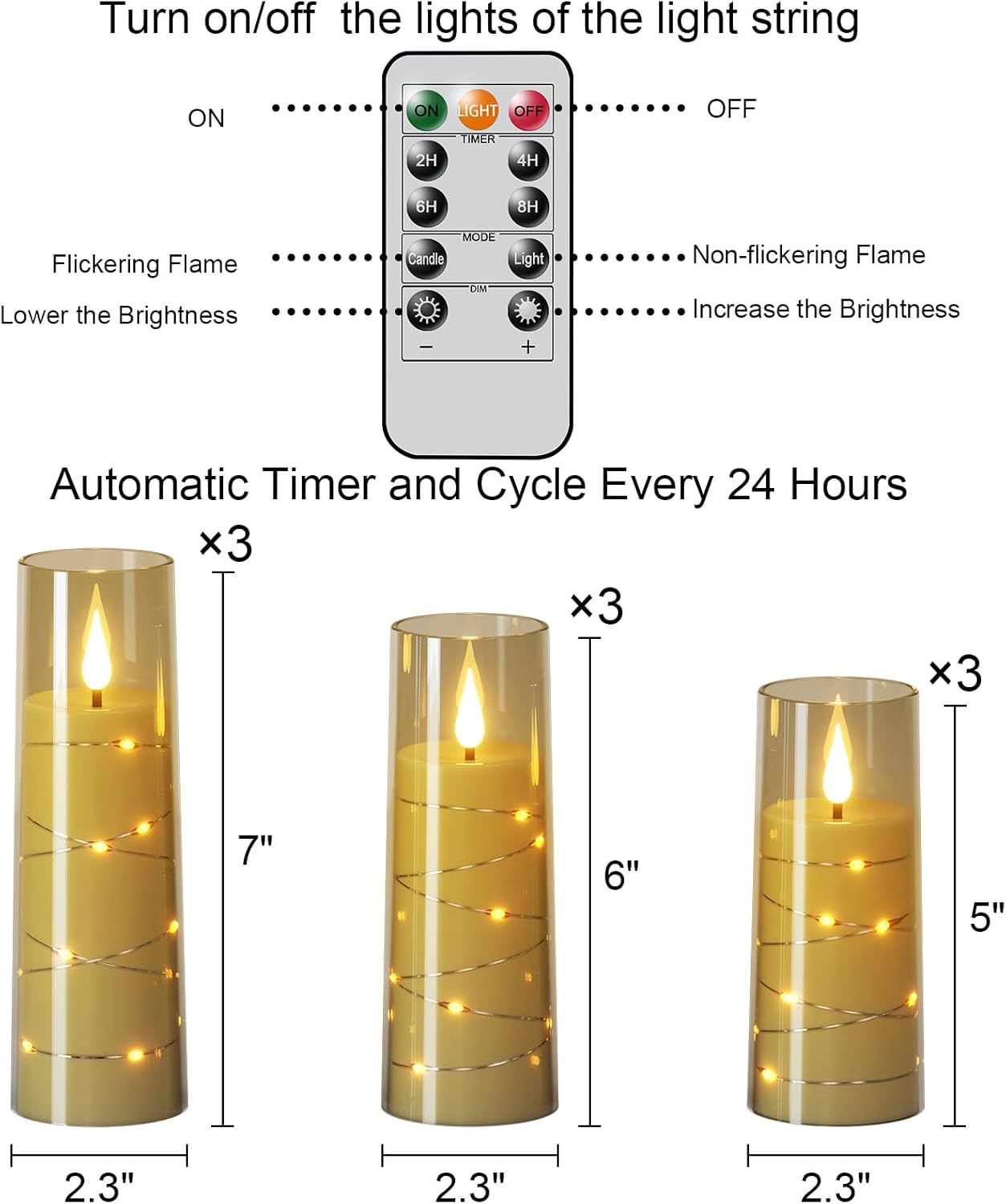 GenSwin Flickering Flameless Candles with Remote Timer, 9 Pack Battery Operated Candles with Embedded Star String, Black LED Candle for Valentine's Day Wedding Decor