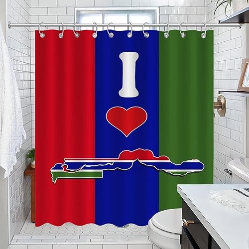 Cortina de baño con texto en inglés "I Love My Country Gambia", juego de cortinas de ducha internacionales, banderines internacionales, cortina de