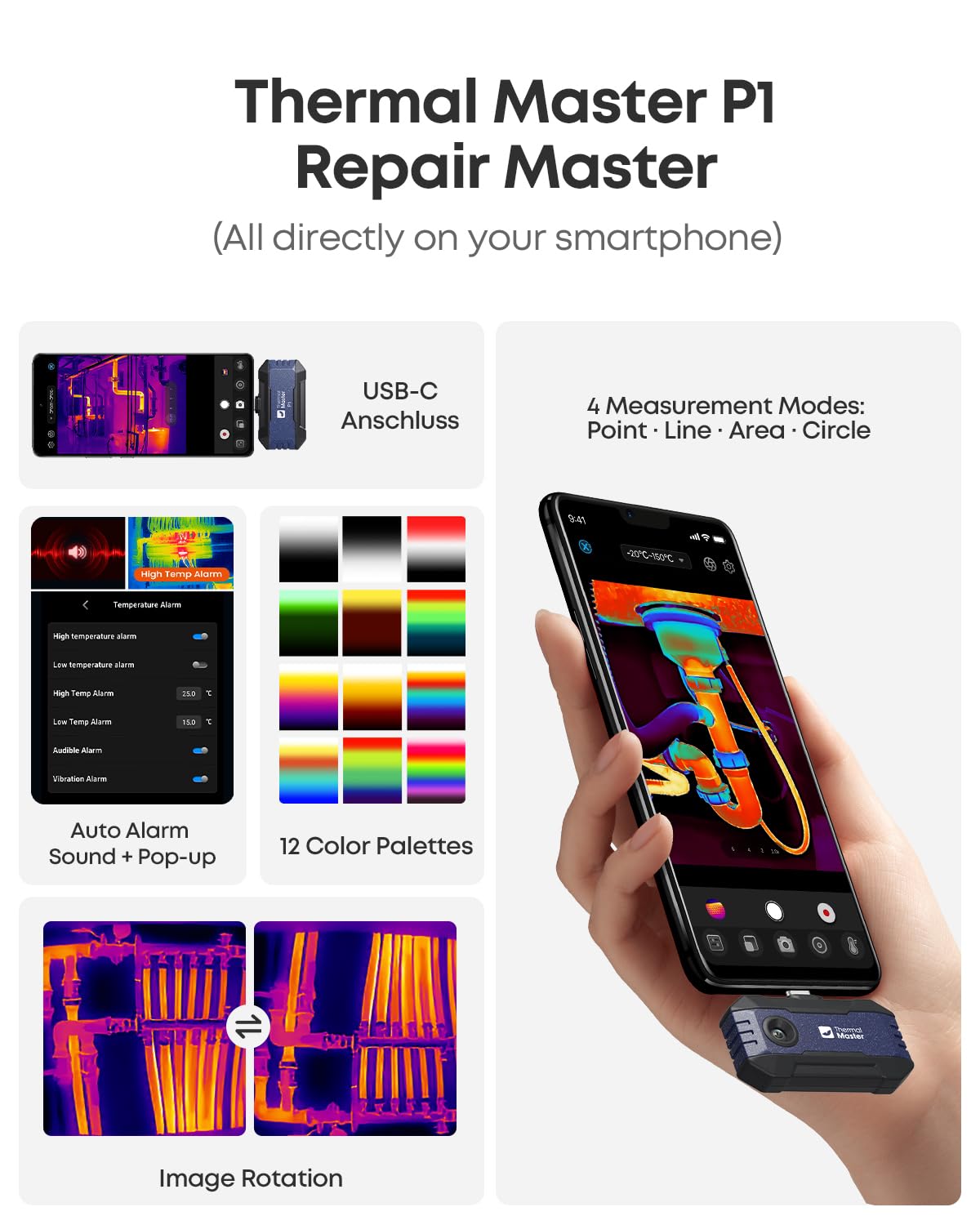 Thermal Master P1 kamera termowizyjna do USB-C iPhone i Android, 320 x 240 X³, ulepszona rozdzielczość IR, od -20°C do 600°C, 15-krotny zoom, 25 Hz, kamera na podczerwień do instalacji domowych, HVAC