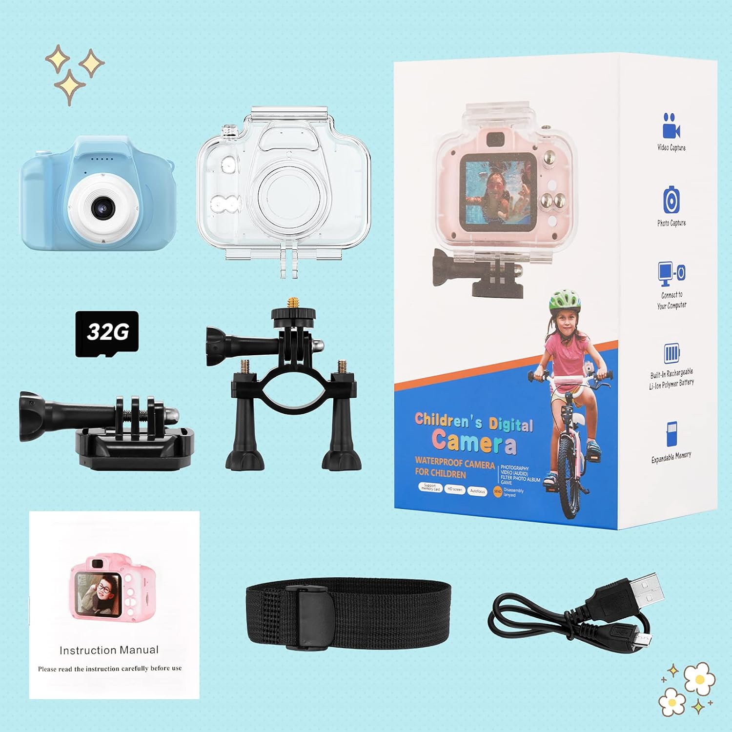 Children Underwater Camera, Upgrade Kids Waterproof Sports Camcorder, Christmas Birthday Gifts Toy for 3 4 5 6 7 8 9-Years-Old Boys, Toddler Digital Action Camera HD 1080P with 32GB SD Card (Blue) : Toys & Games