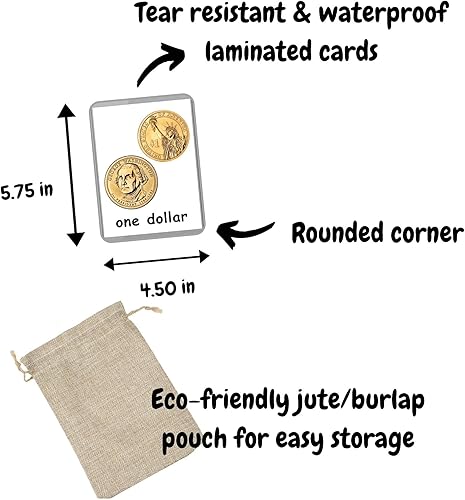 Miniatura 4 de Generic Tarjetas flash de dinero 17 tarjetas Montessori Tarjetas flash de monedas y billetes estadounidenses Aprendizaje de preescolar Educación