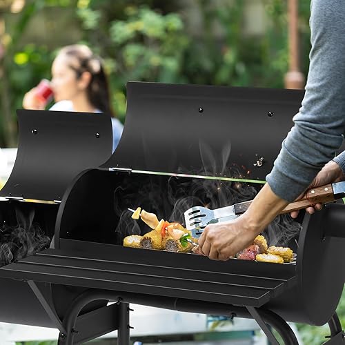 Miniatura 7 de VINGLI Parrilla de carbón de barril con ahumador desplazado, parrilla grande para ahumar al aire libre con ruedas para fiesta, jardín, patio y patio