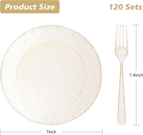 Miniatura 3 de Goodluck 240 platos dorados con purpurina con tenedores de plástico, platos de postre dorados para 120 invitados, platos desechables resistentes