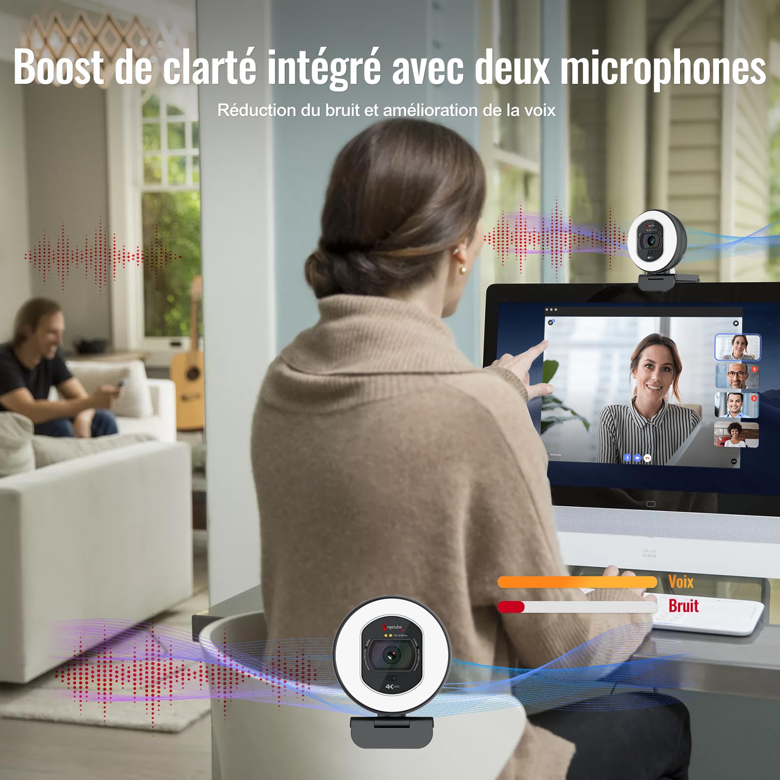 Angetube Webcam 4K avec lumière –caméra de Streaming de PC à autofocus PDAF | Webcam USB 1080P 60FPS avec double micro à réduction de bruit IA et cache-objectif intégré. Pour laptops,Mac et Windows