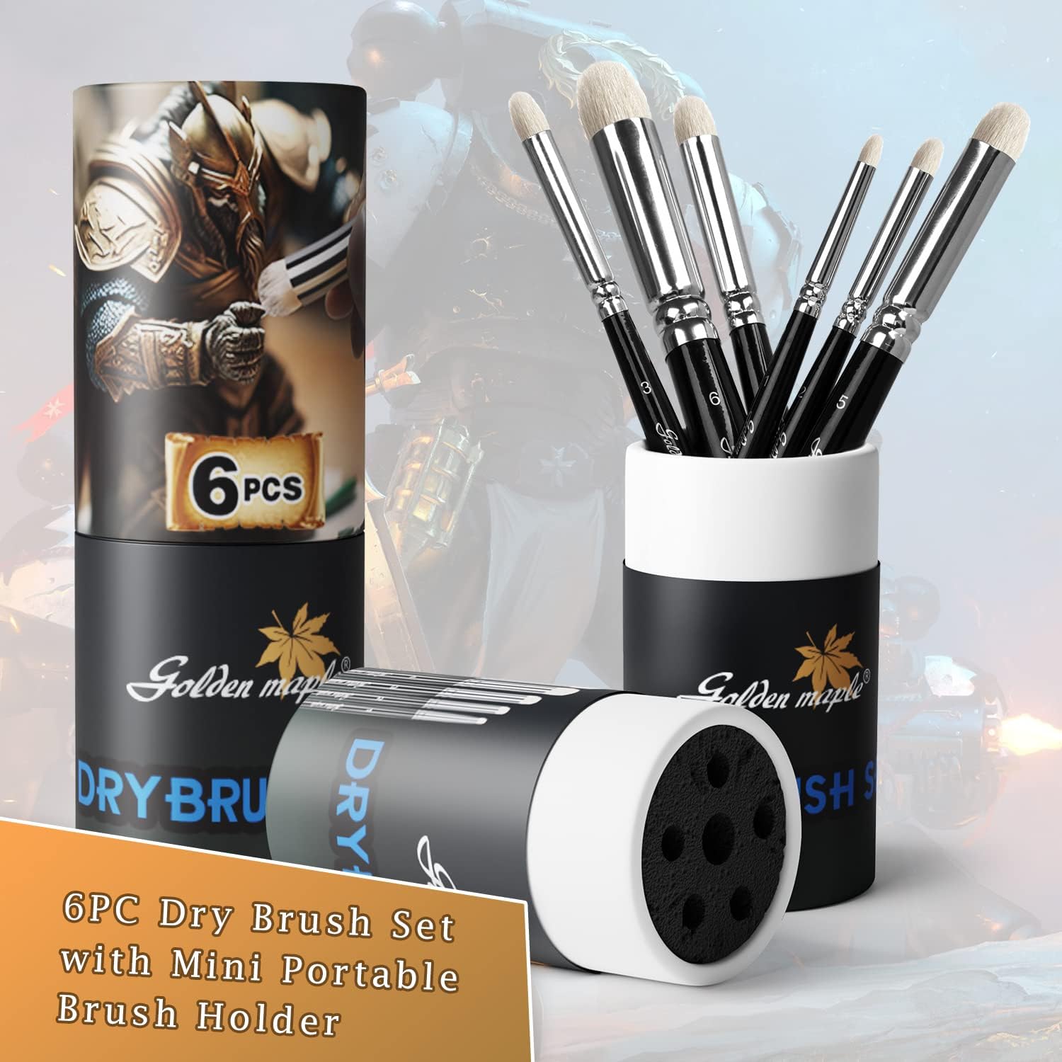 Golden Maple Dry Brush Miniature Painting Drybrush Set - 6PC Professional Modellers Miniature Paint Brushes for Miniatures, Model, Enamel & Fantasy Figurines Painting