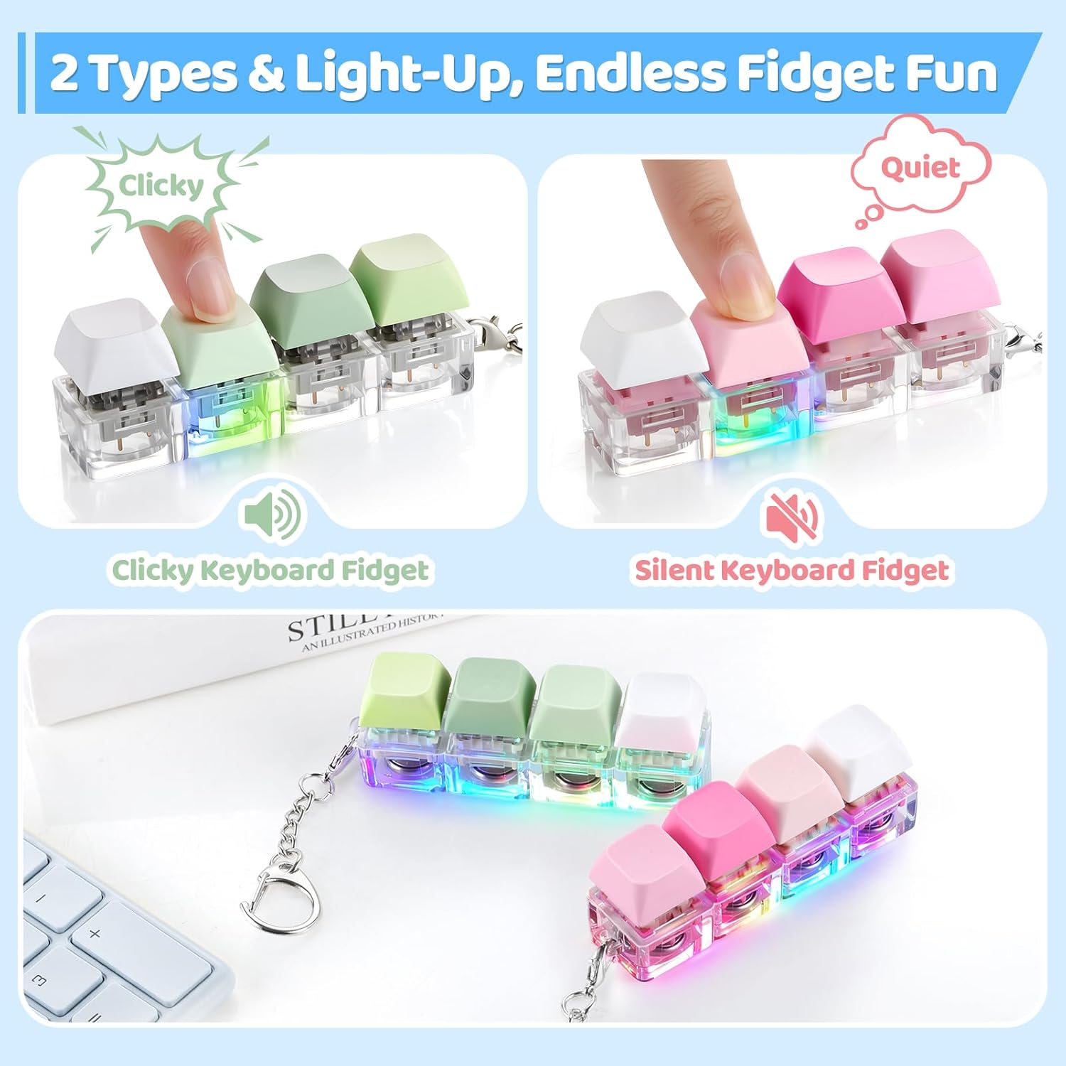 2 Pack Keyboard Fidget Toy Light Up – Clicky & Silent Keyboard Clicker Fidget Keychain – Quiet Fidget Toys for Adults, Sensory Toy for Boost Focus & Calm Anxiety at Work, Travel – Stress Relief Gifts
