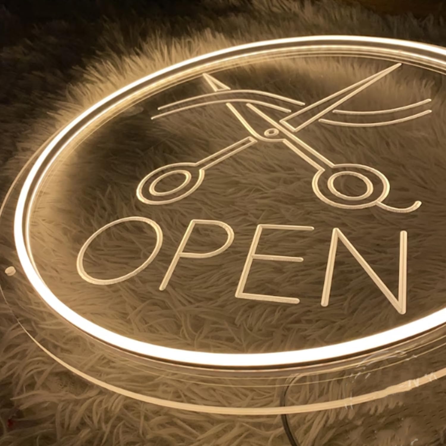 Large Round Neon LED Barber Sign for Barber Shop Wall and Window Decor Hair Salon Barber Studio Open Light Up Sign with Dimmable Switch and Hanging Chain Gifts for Hairdresser 30x30CM - Image 3