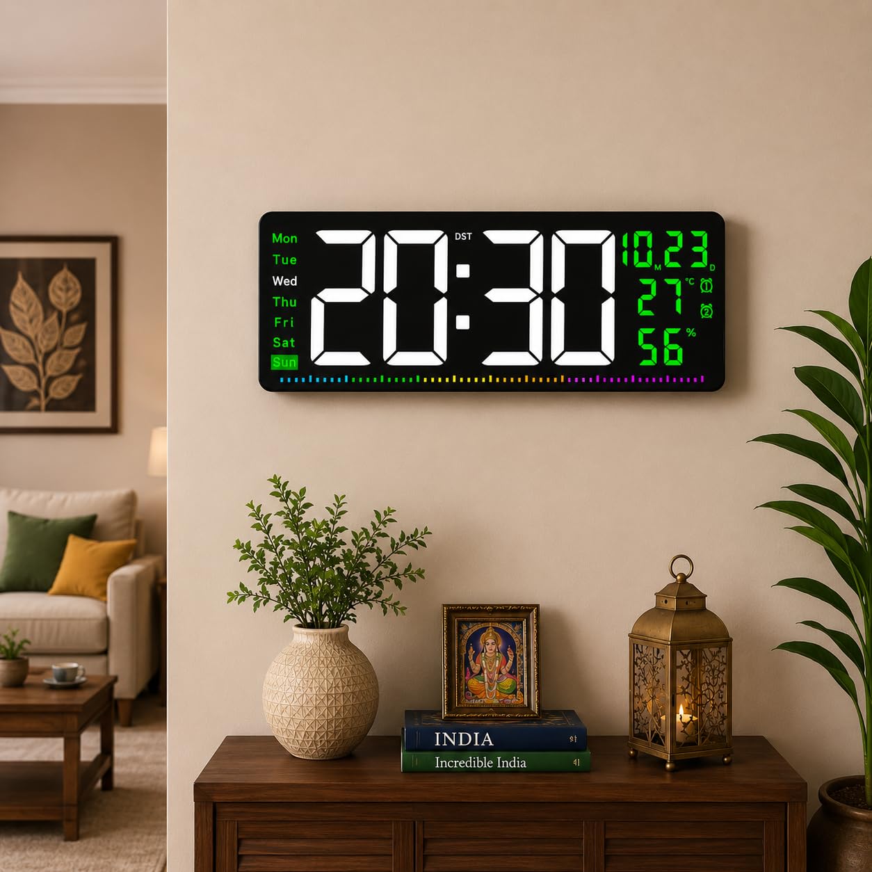 Jetsync Large LED Digital Wall Clock with Temperature | Humidity Sensor Alarm Timer | Auto DST Big Display | Modern Indoor Clock for Office, Gym, Home | Multi Function Electronic Clock (Green)-image-32