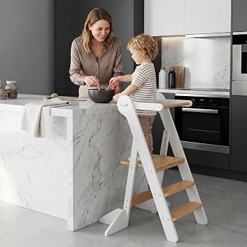 COSYLAND Wooden Standing Tower for Kids, Height Adjustable & Foldable