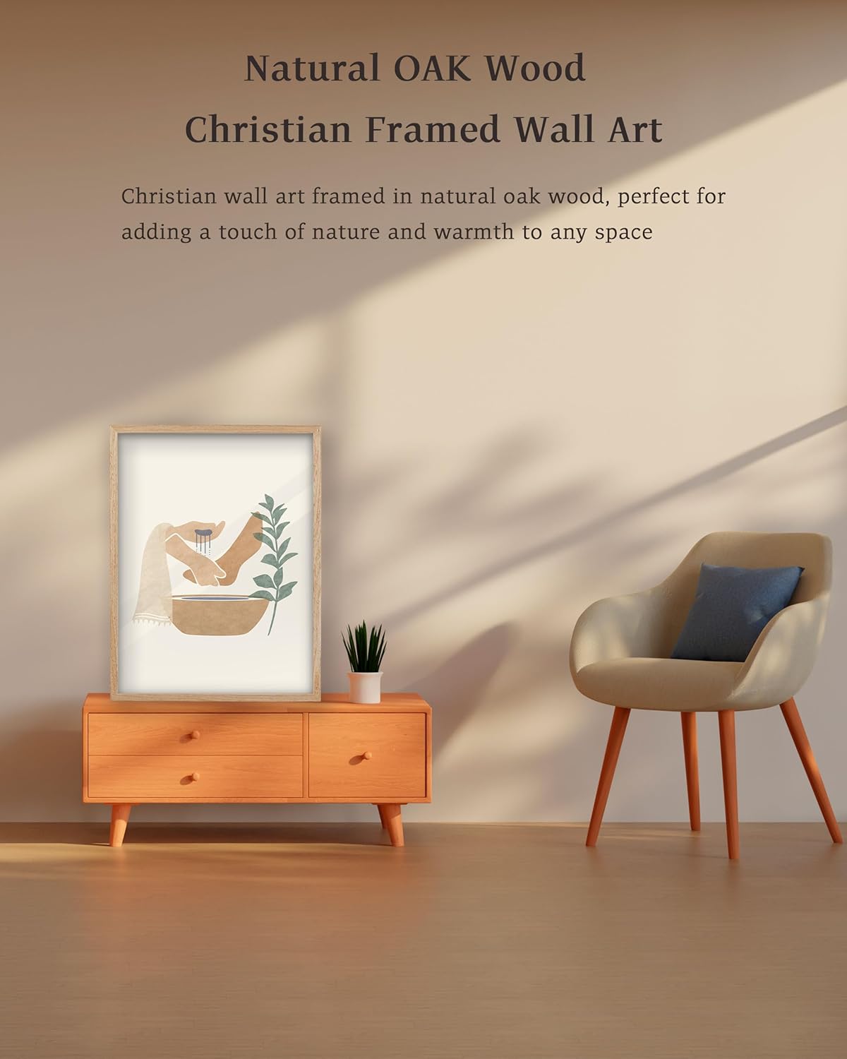 KensTro Natural OAK Wood Beige Boho Christian Framed Wall Art, 12x16 in Mid Century Modern Washing Feet Canvas Wall Art,Minimalist Religious Jesus Christ for Living Room Bedroom Decor Set of 1