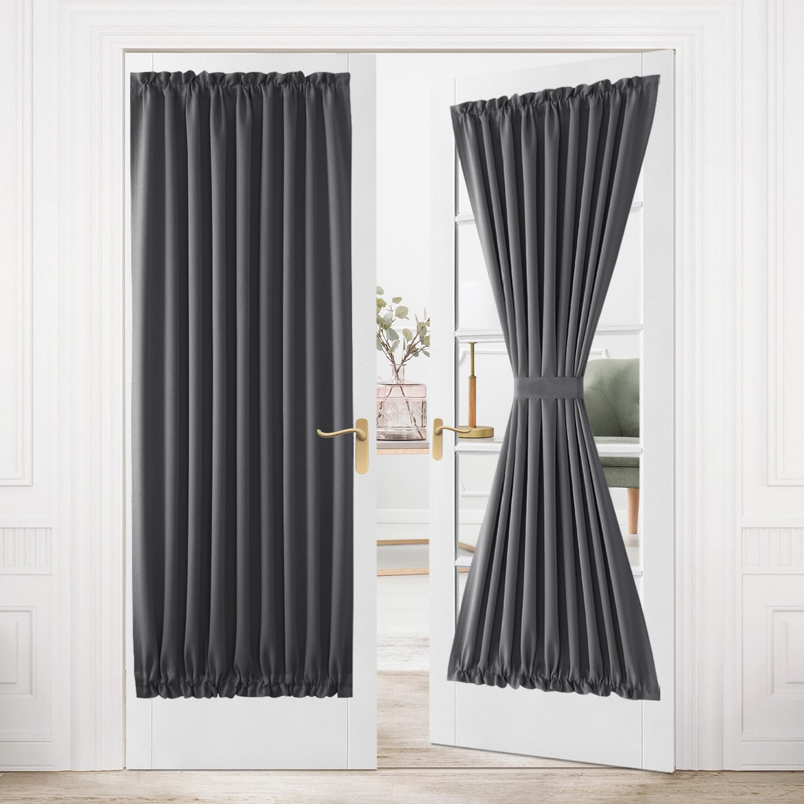 DWCN French Door Curtains – Rod Pocket Thermal Blackout Curtain for Window/Patio Doors/Doorways/Classroom/Kitchen for Privacy, 54W by 80L Inches, 1 Panel with Tieback, Dark Grey — image 1