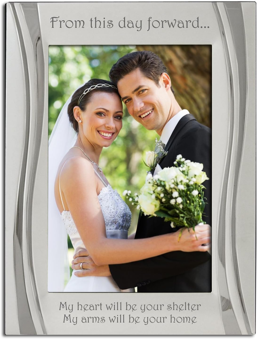 Wedding Day Photo Frame. "From this day forward... My heart will be your shelter. And my arms will be your home." Silver Plated, Velvet Backed, Photo Frame, Stunning Matt and Gloss Silver. Holds a 6" x 4" Photo.