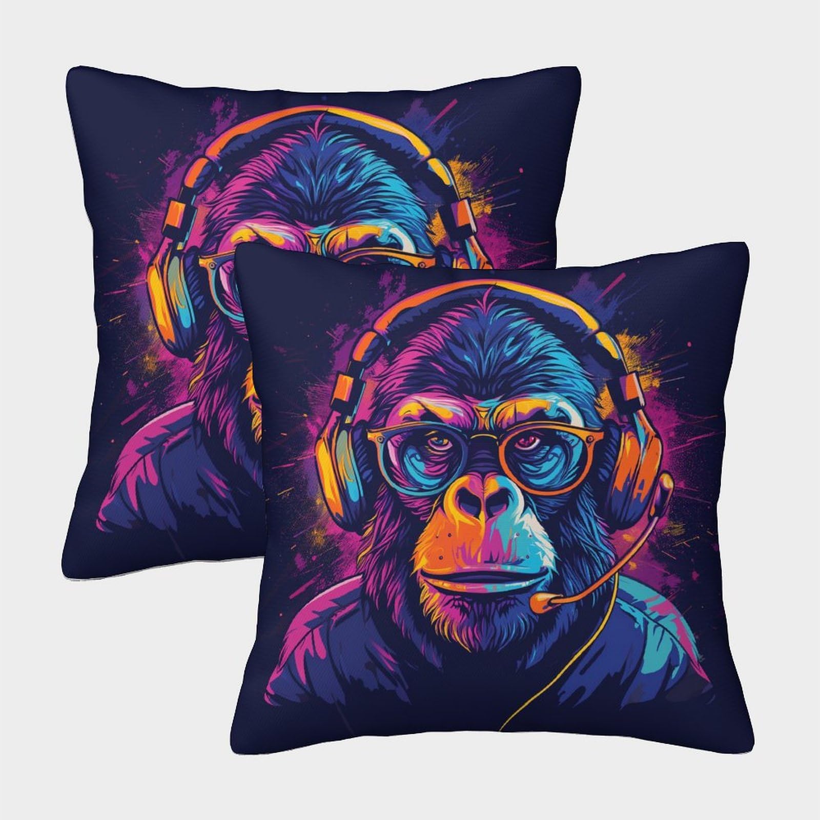 RNDKAUUIE Gorilla with Headphones Set of 2 Cushion Covers, Outdoor Cushion Covers, Gorilla Pillow Cases, Decorative Pillow Covers, Sofa Pillowcases for Bedroom Office Car Home Decor 40x40cm