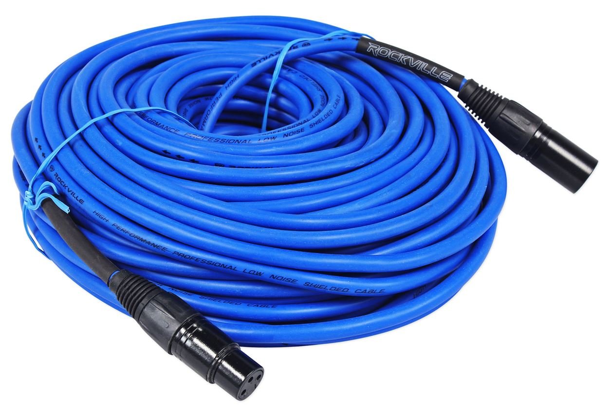 Rockville RCXFM100P-BL 100ft Female to Male XLR Cable, Nickel-Plated REAN Connectors, Low Noise, Durable PVC Jacket, Blue Color, for Live Sound and Studio Recording