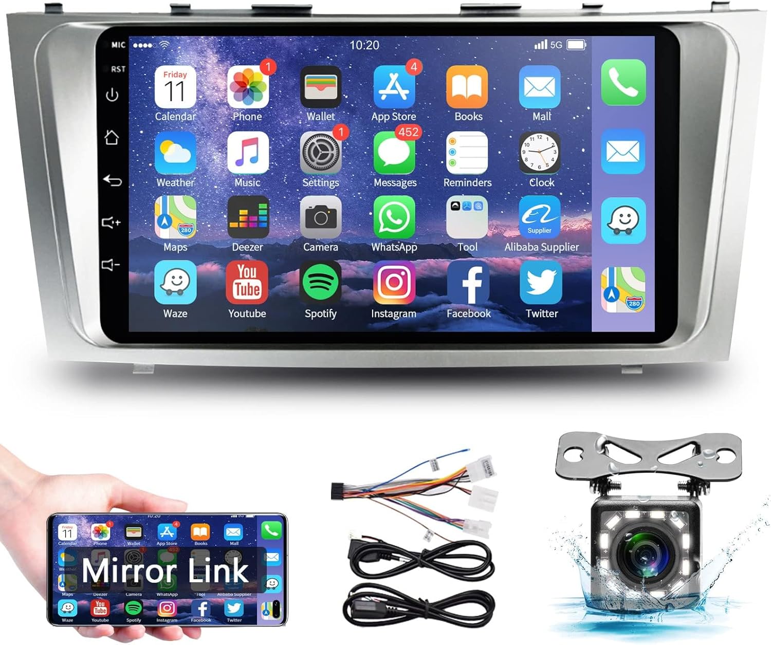 חֲזִית view of the podofo Android Car Stereo with its 9-inch screen displaying various app icons, alongside images of Mirror Link functionality, wiring harnesses, and a backup camera.