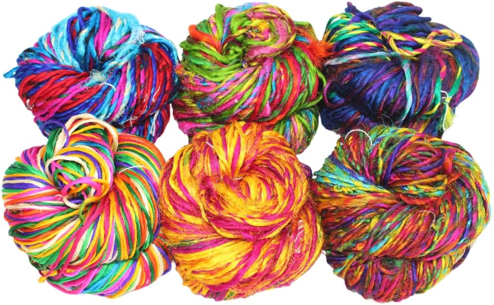 Knitsilk Kohinoor Premium Recycled Sari Silk Yarn - Unique Multicolor 100 Grams | 120+ Yards | Knit, Crochet, Weave, Crafting, Jewelry
