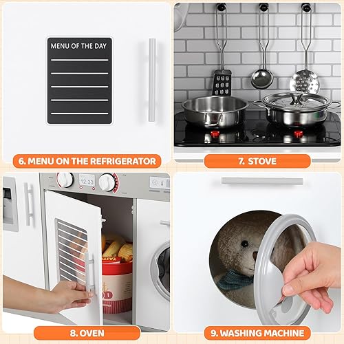 Miniatura 5 de Juego de cocina para niños, juego de juguetes de madera con diseño realista, sonidos de luces, ollas y utensilios para niños y niñas a partir de 3