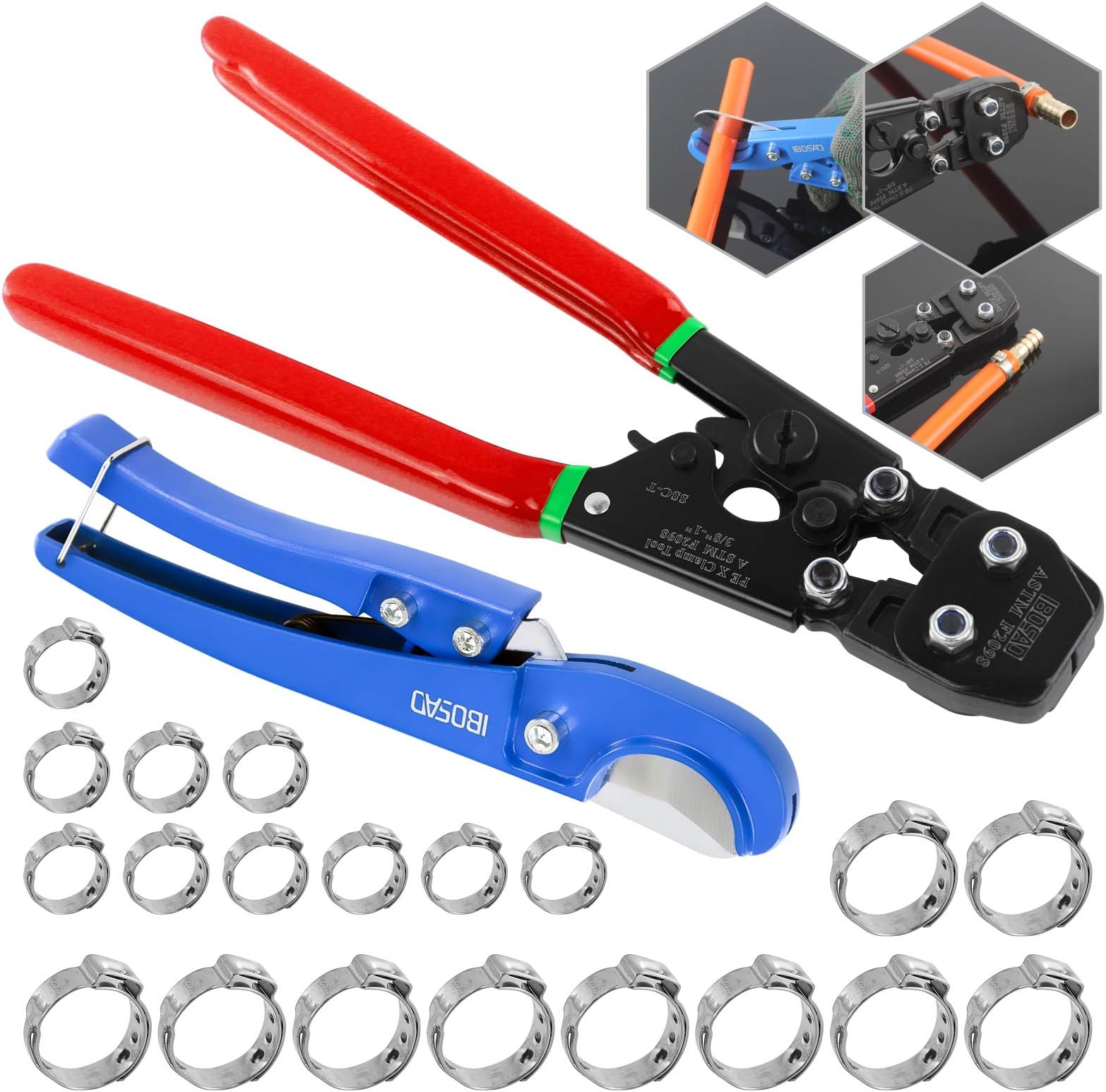IBOSAD PEX Pipe Clamp Cinch Tool Crimping Tool Crimper for Stainless Steel Clamps from 3/8-inch to 1-inch with 1/2-inch 10PCS and 3/4-inch 10PCS SS PEX Clamps