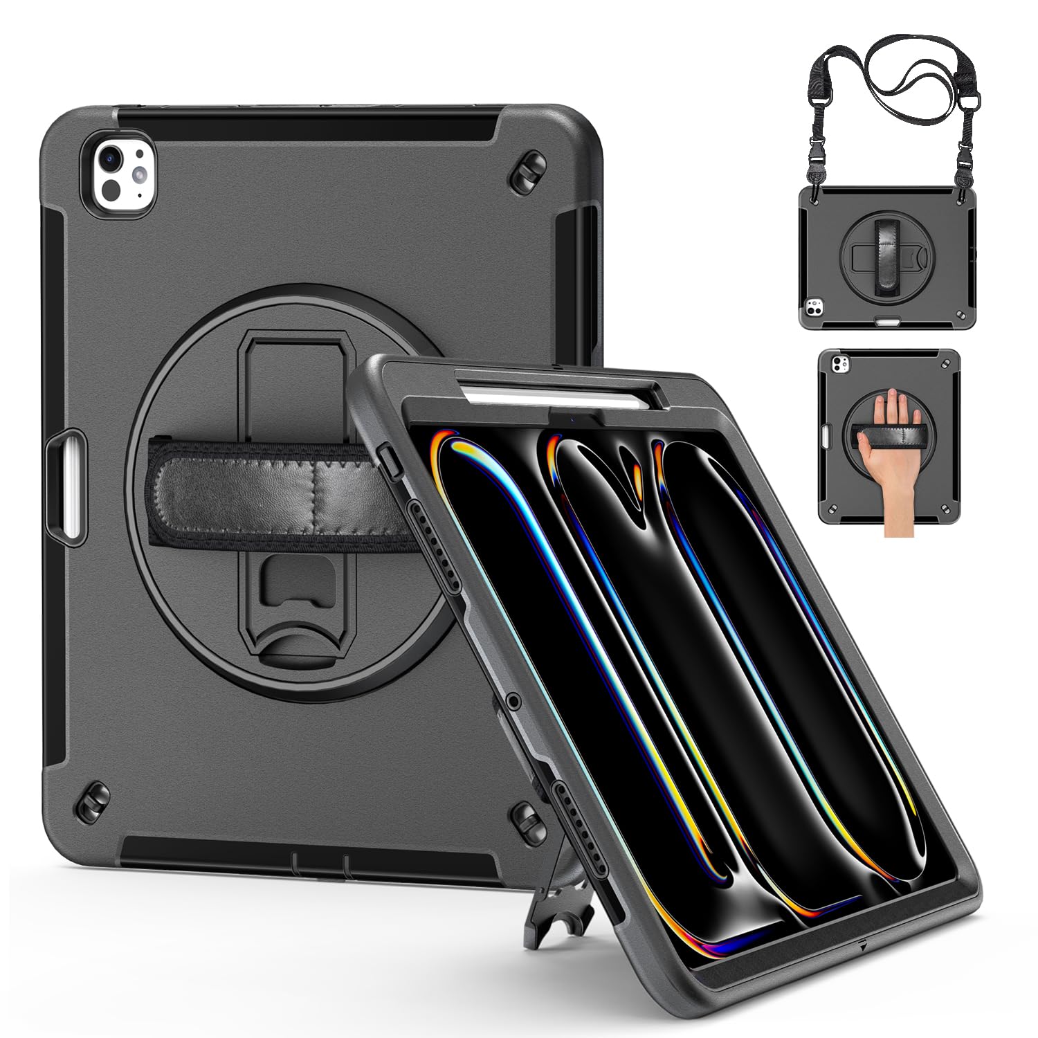 JunfireRobust Case for iPad Pro 13 Inch (M4) 2024, Shockproof Protective Case with 360° Rotating Stand, Hand Strap, Shoulder Strap and Pen Holder, Compatible with iPad Pro 13 Inch 2024 - Black