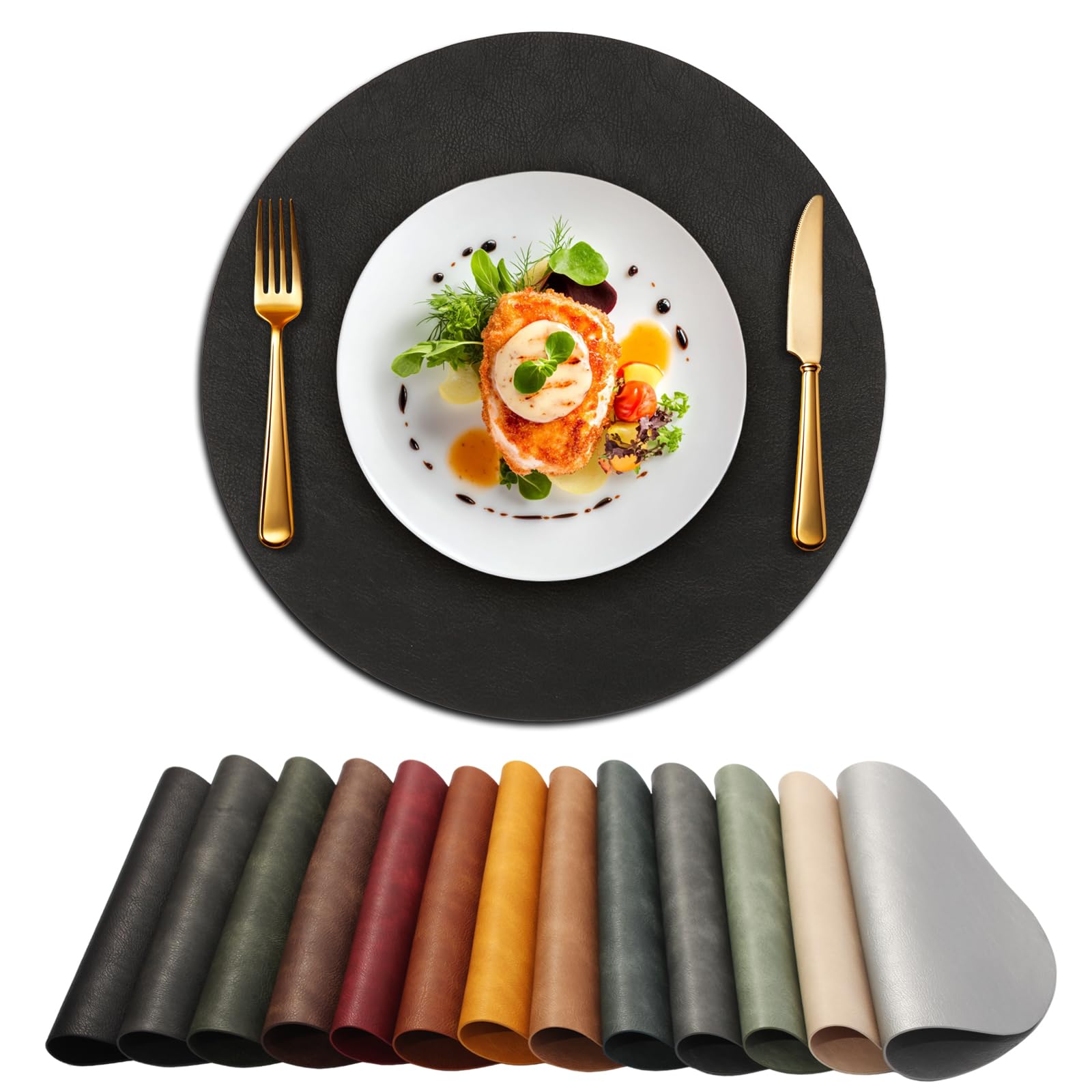 UnivoColors Placemats Round Faux Leather Placemats Set of 6-Waterproof-Wipe Clean-Heat Resistant-Anti Slip Dining Table Place Mats,Suitable for Indoor &amp; Outdoor Use,15".Retro Black