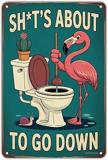 Funny Flamingo Plunger Problem tin sign Vintage Bathroom Humor Metal Sign Print Aesthetic for Garden Yard Bar Porch Home Bedroom Kitchen Wall Decor Decor Gift 8 x 12 inch