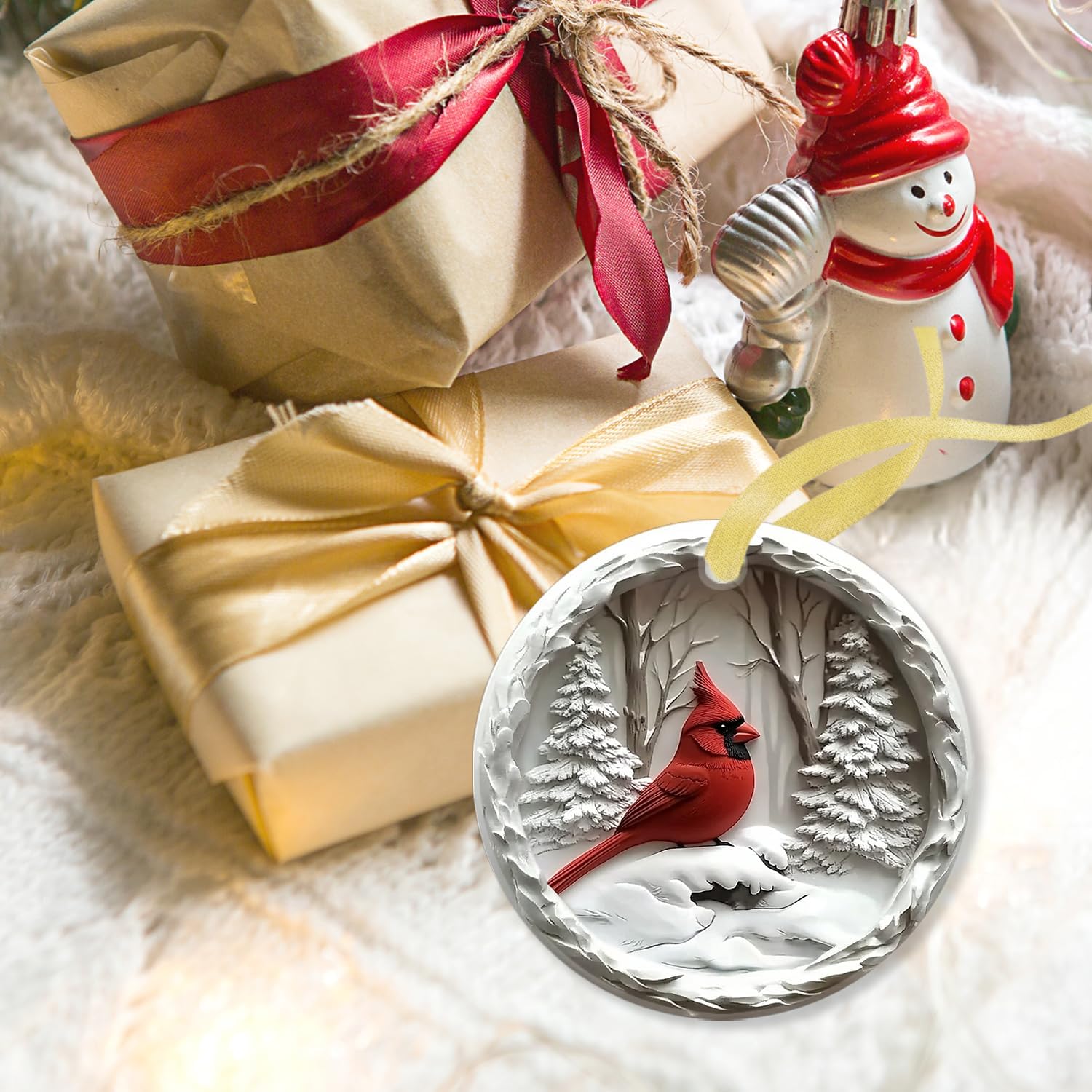 Winter Red Cardinal Christmas Tree Ornaments, Red Cardinal Christmas Decorations, Rustic Winter Snowfield Bird Art Ceramic Hanging Xmas Ornaments with 3D-Look Printed Design - Image 3