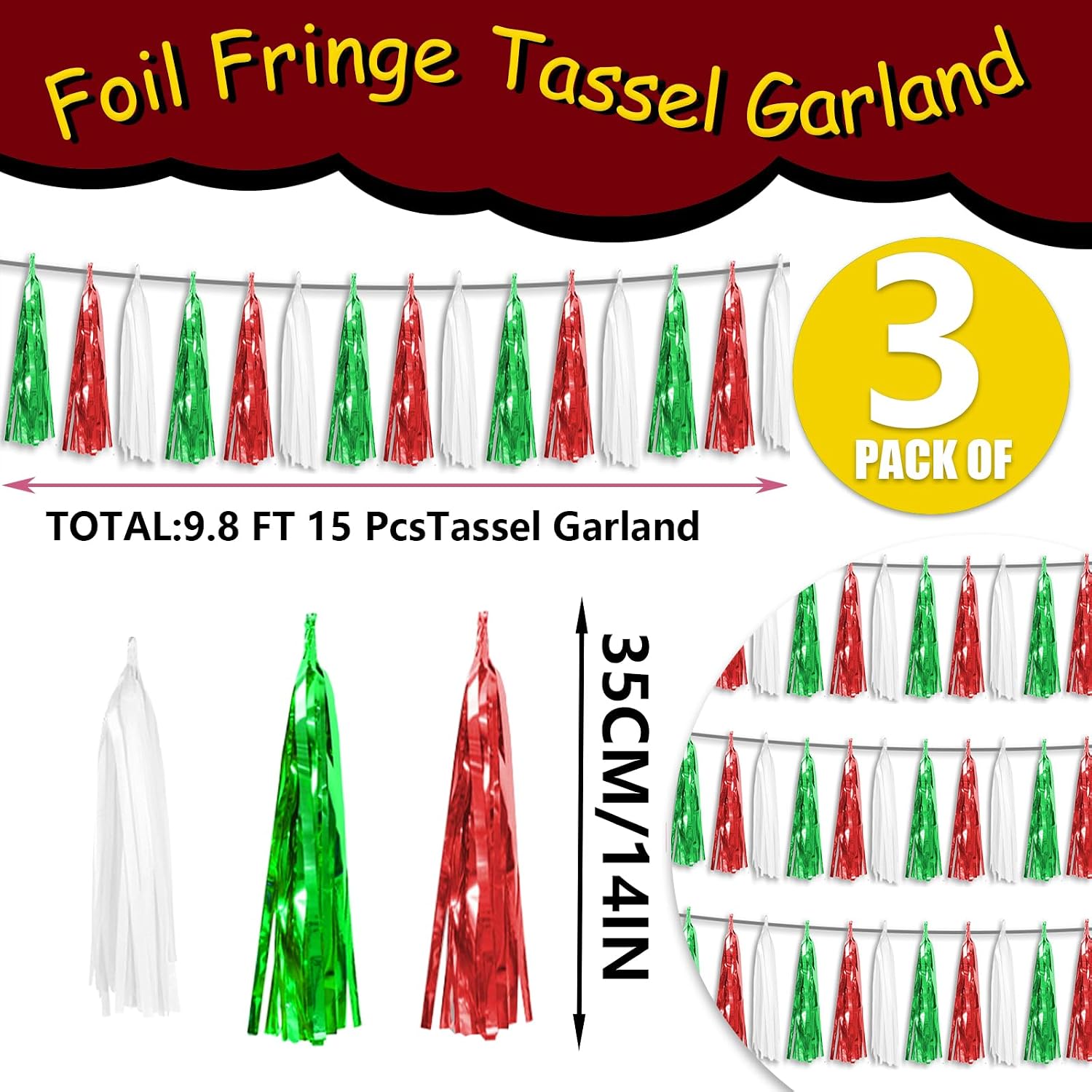 3P Red Green White Foil Fringe Metallic Tassel Streamers Banner Tassel Garland for Parade Floats, Graduation, Wedding, Birthday, Halloween, Christmas, Mexican Italian Birthday Party Decorations