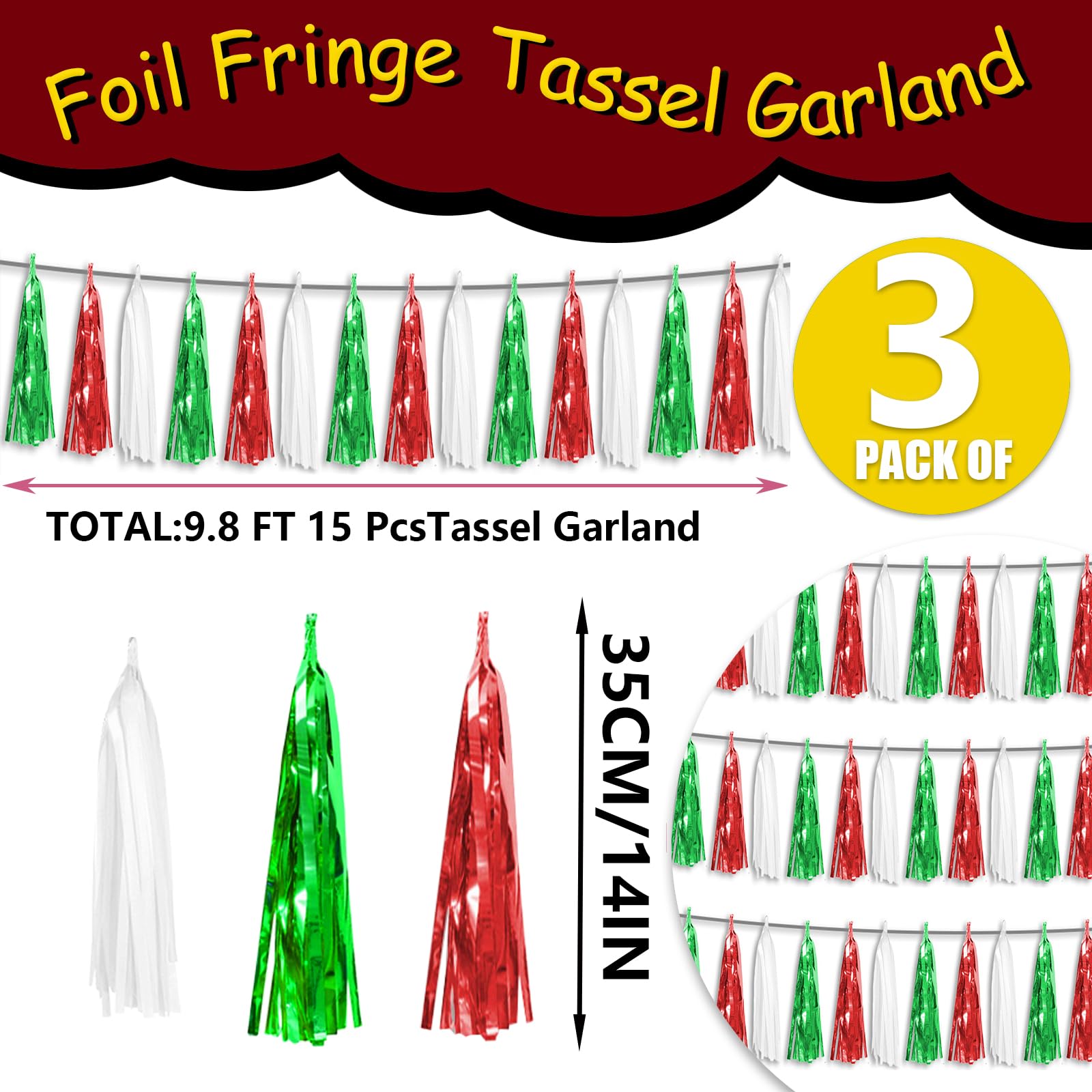 3P Red Green White Foil Fringe Metallic Tassel Streamers Banner Tassel Garland for Parade Floats, Graduation, Wedding, Birthday, Halloween, Christmas, Mexican Italian Birthday Party Decorations