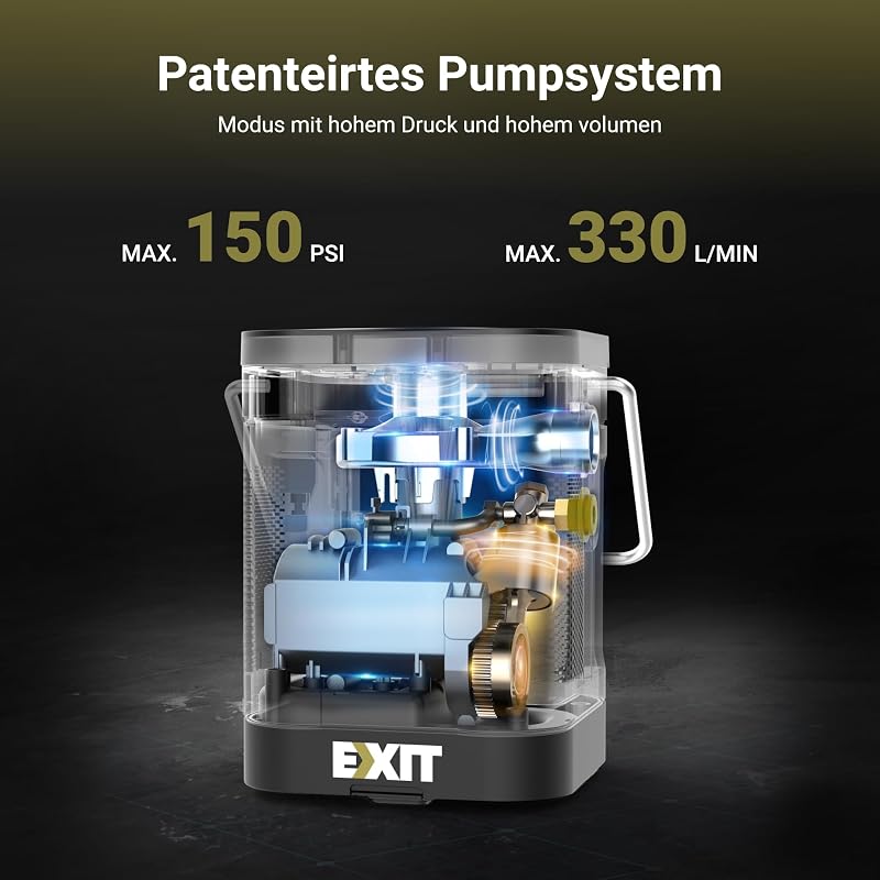 EXIT 20V Elektromos Pumpa 150 PSI - Autógumi Felfújó LED Világítással, Digitális Nyomásmérővel - Kerékpár, Labda, SUP Pumpa Akkumulátorral