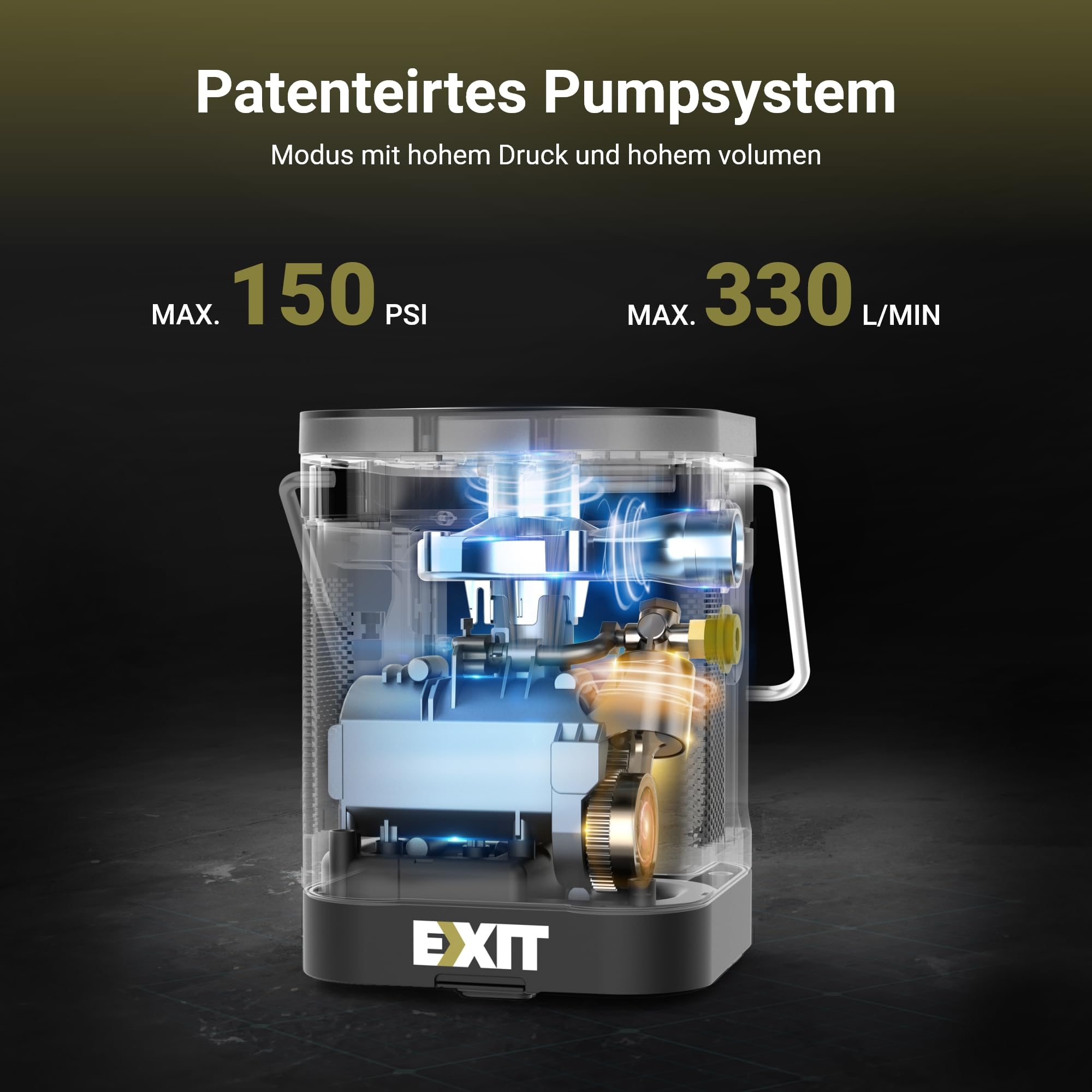 EXIT 20V elektrische Luftpumpe, 150 PSI Reifeninflator für Autoreifen, Akku | Elektrische Luftpumpe mit entlüftungsfunktion, LED-Licht, digitalem Druckmesser, Fahrradpumpe, Sportbälle, SUP Pumpe