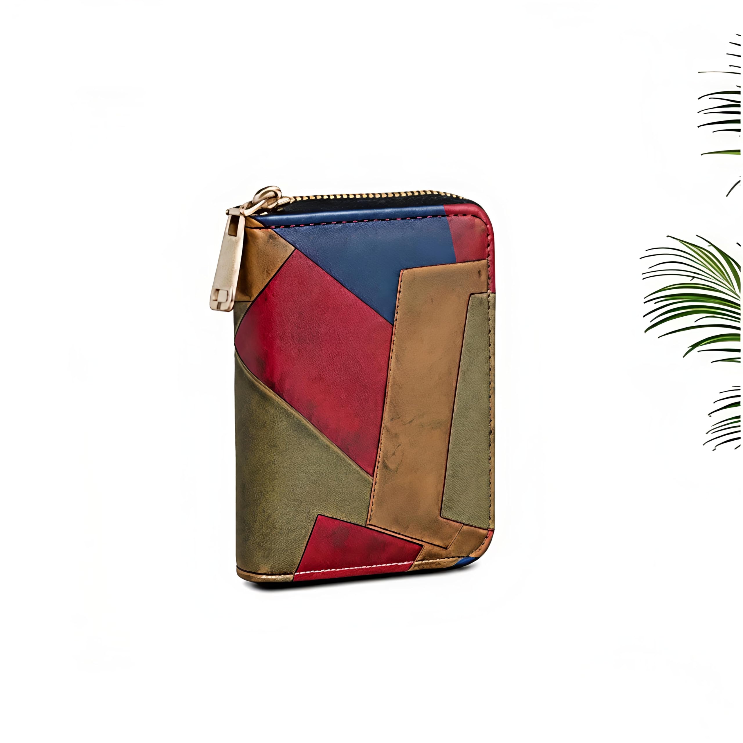 Multi-Colour Patchwork Wallet for Women, Compact Card Holder with Zipper Closure-image-47