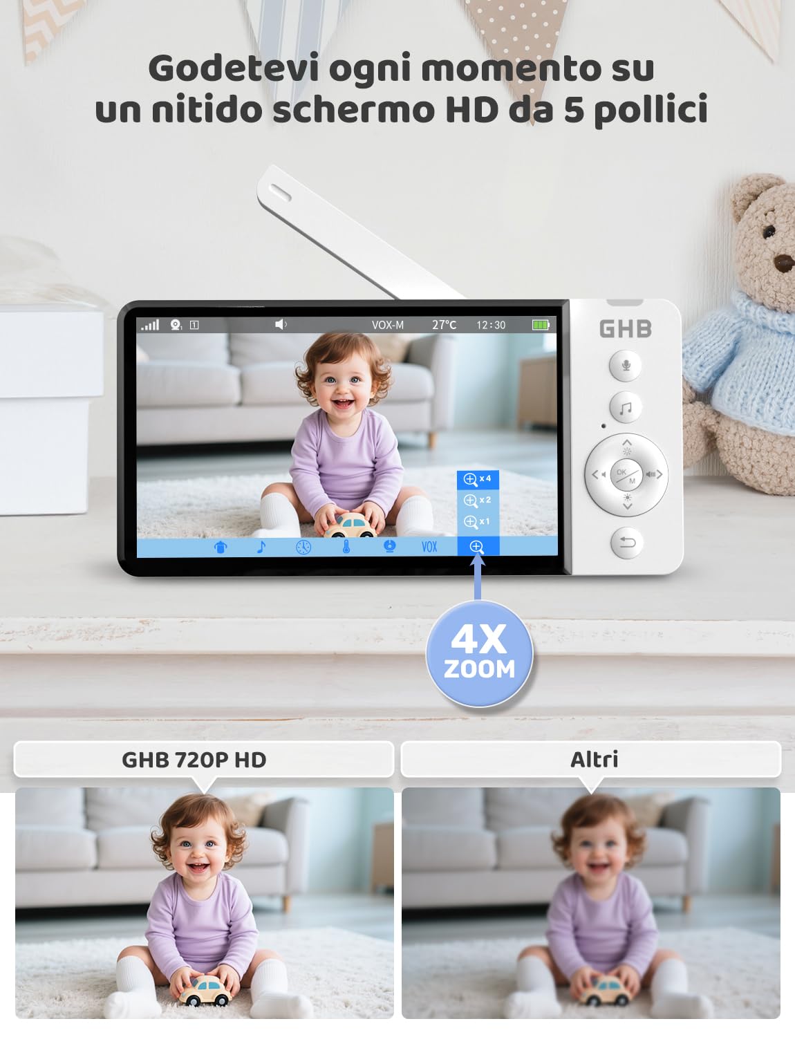 GHB Baby Monitor Video e Audio 5" 720P HD 5000mAh IPS Schermo, Telecamera Bambini con Monitor Visione Notturna Rilevamento della Temperatura Ninne Nanne Integrate