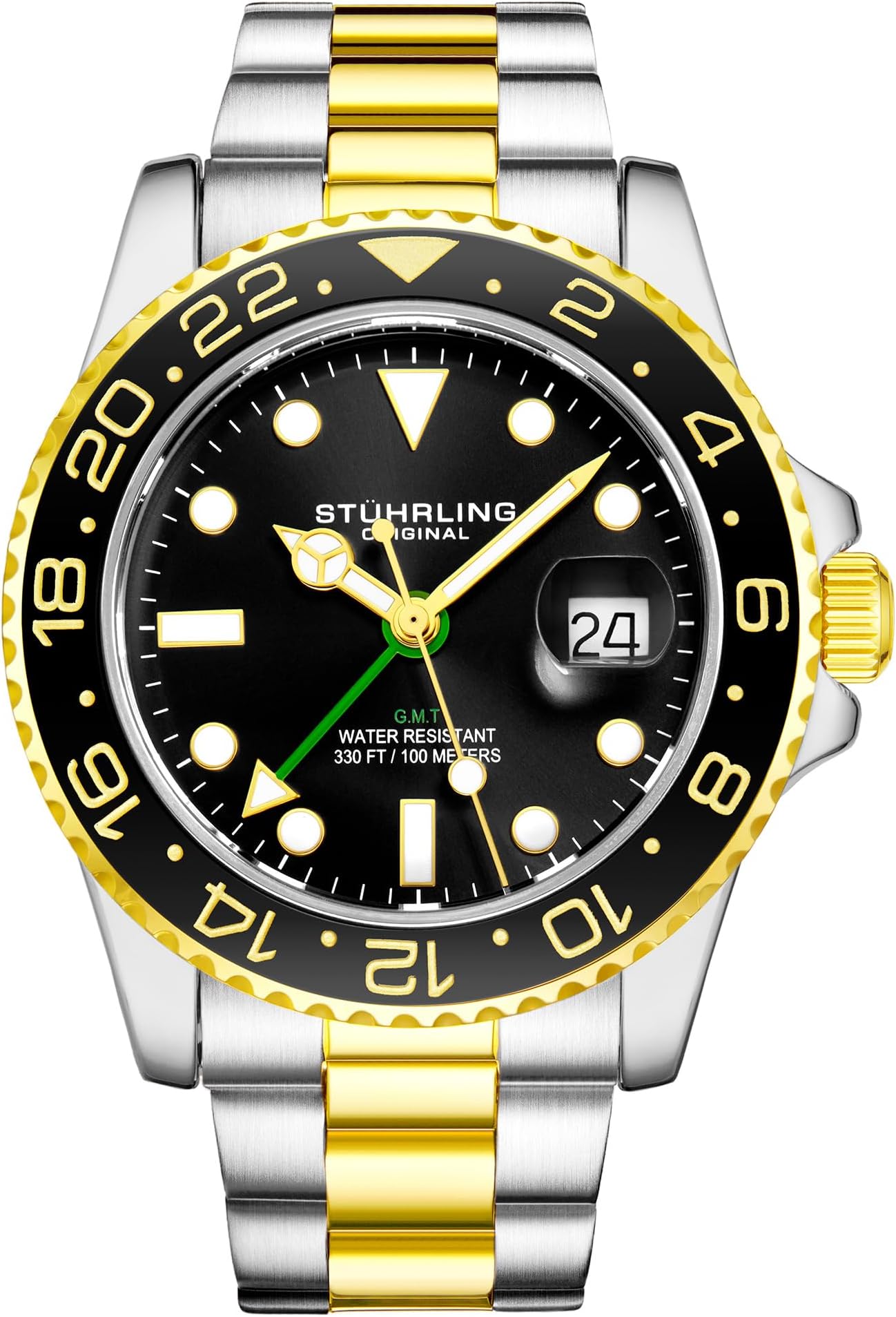 Stuhrling Original Mens Stainless Steel Triple Row Bracelet GMT Watch - Swiss Quartz, Dual Time, Quickset Date with Screw Down Crown, Water Resistant up to 10 ATM