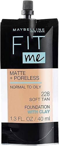 MAYBELLINE New York Fit Me - Base de maquillaje líquida (Matte + Poreless), mate y antiporos, en bolsa, 1.3 onzas, tono 228 bronceado suave (Soft