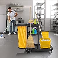 Vista 7 de Dryser Commercial Janitorial Cleaning Cart on Wheels - Black Housekeeping Caddy with Cover, Shelves and Vinyl Bag
