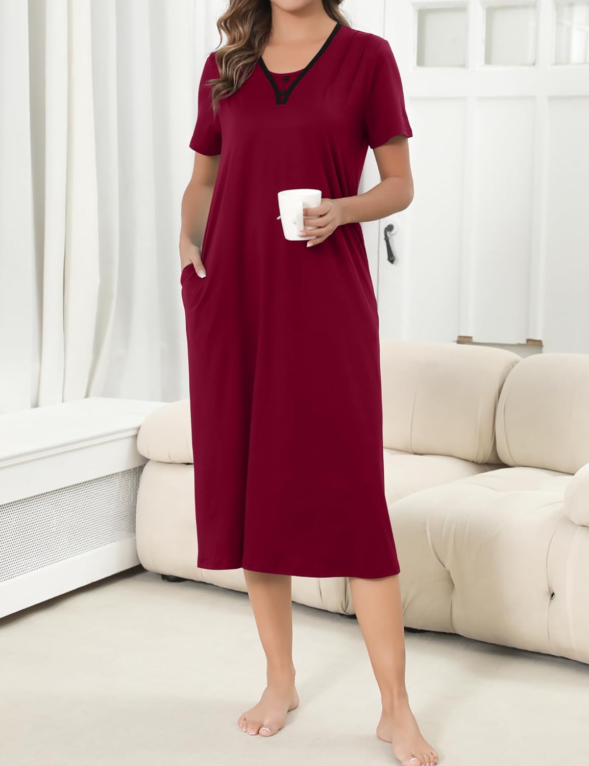 Chunoy Sleepshirt Dress for Womens Short Sleeve Nightgown Button Henley Sleepwear Gown Lounge Night Dress - Image 3