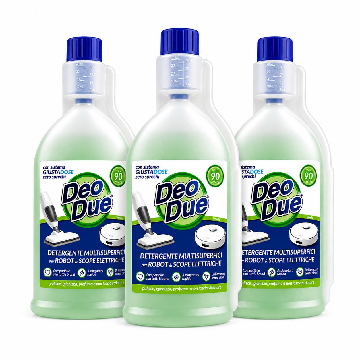 Detergente Multisuperfici per Robot Lavapavimenti e Scope Elettriche Deo Due Verde – 3 Unità da 900ml– Compatibile con Tutti i Brand – Asciugatura Rapida, Senza Aloni, Profuma e Igienizza