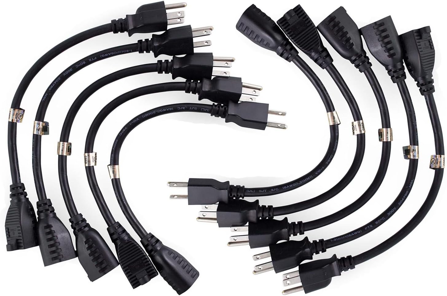 10 Pack 1 Foot Power Extension Cord Cable Strip, Ubercords 1 Foot Extension Cord, UL Listed, CSA Approved, Extension Cable, 3 Prong US Wire Extension Cord