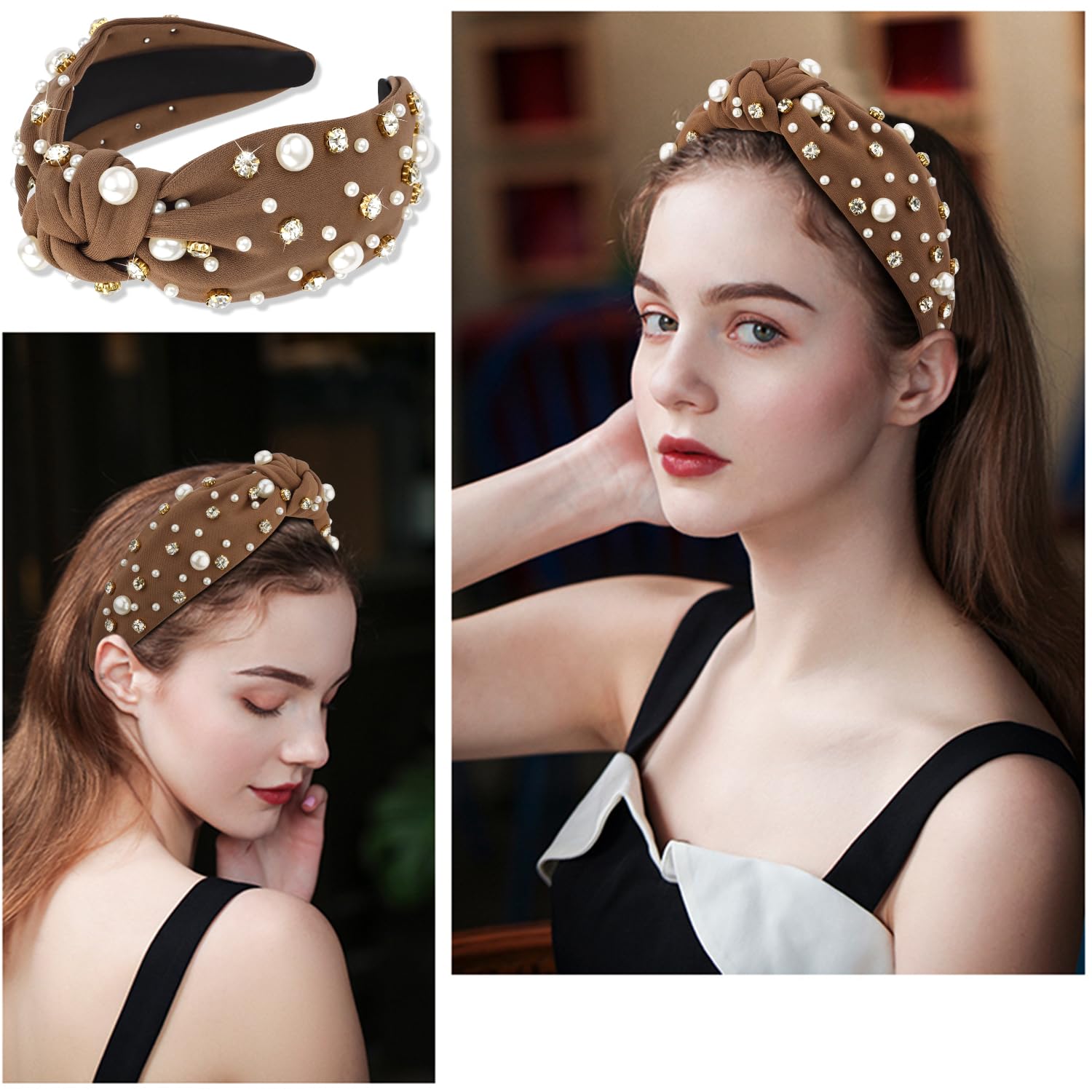 NVENF Cerchietto Per Capelli Annodato Con Perle E Cristalli, Fascia Larga Con Nodo E Strass, Accessorio Moda Per Donna, Grigio